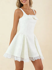 White Tweed Sparkle Bow Flare Mini Dress
