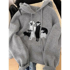 Grey Lamb Round Neck Hooded Sweater