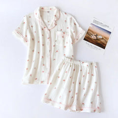 Cotton Peach Print Short-sleeved Shirt And Shorts Pajama Set
