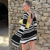Black Stripe Knit Backless Long Sleeve Mini Dress