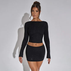 Sequin Solid Long Sleeve Top And Mini Skirt Set