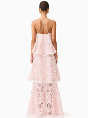 Halter Neck Tiered Ruffle Flower Long Dress