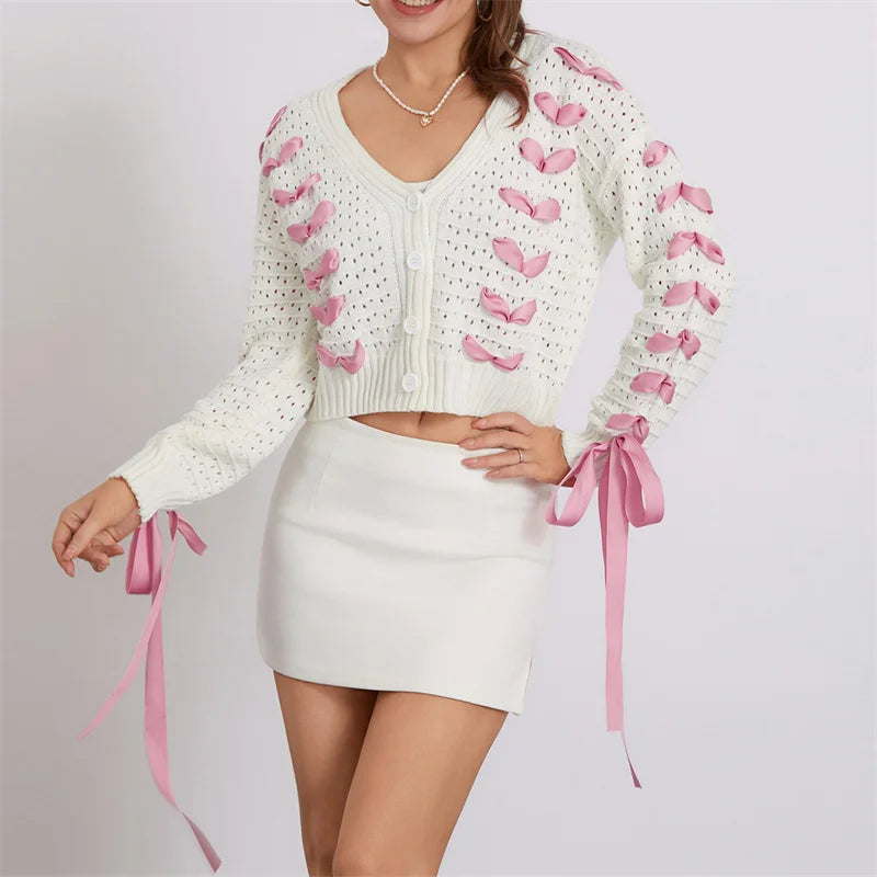 White Pink Ribbon Lace Up Sweater Cardigan White / L