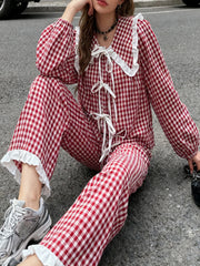 Red Plaid Long Sleeve Doll Collar Tie Up Top And  Wide Leg Pants Sets