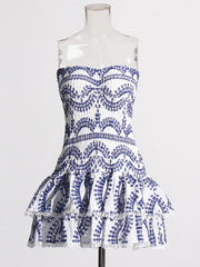 Ruched Strapless Embroidered Frill Mini Dress