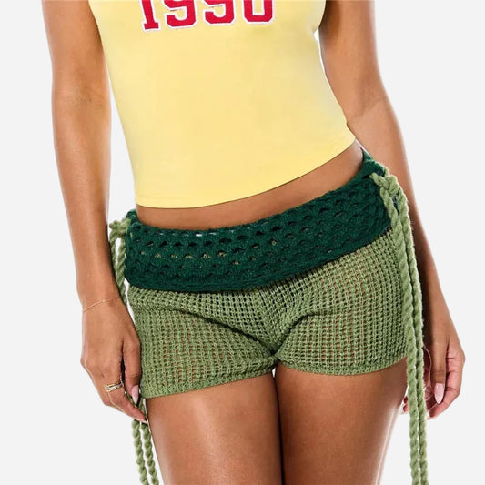 Contrast Colour Crochet Low Waist Drawstring Shorts