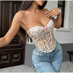 Flower Embroidery See Through Corset Top