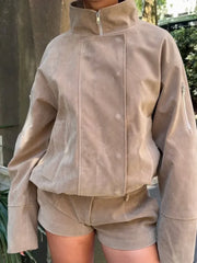 Solid Stand Collar Suede Jacket