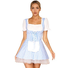“Short sleeve gingham cosplay dress with apron detail”