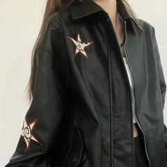 Star Patchwork Pu Leather Jacket - Free From Label