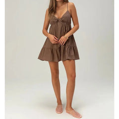 Spaghetti Strap Babydoll  Tied V-Neck Mini Dress