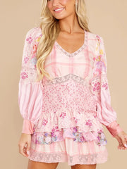 Pink Long Sleeve Floral Patchwork Tiered Mini Dress