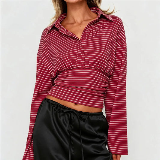 Striped Turn Down Collar Long Sleeve Top