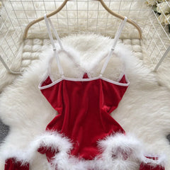 Red Velvet Fur Bodysuit Christmas Lingerie