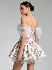 3D Flower Embellished Floral Print Tulle Mini Dress