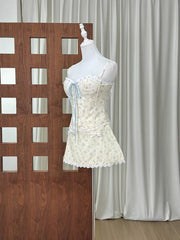 Spaghetti Strap Lace-up Crop Top And Mini Floral Bow Skirt Set