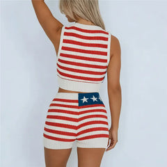 American Flag Knit Crop Top And High Waist Biker Shorts Set