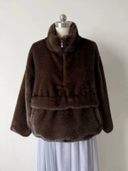 Faux Fur  Stand Collar Zip Long Sleeve Sweatshirt