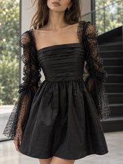 Black Satin Sheer Long Polka Dot Sleeves Mini Dress