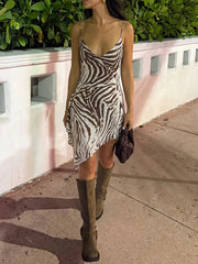 Zebra Print  Cowl Spaghetti Strap Irregular Hem Mini Dress