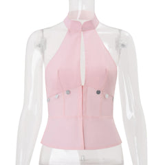 Pink  Stand Collar Button Halter Tank Top