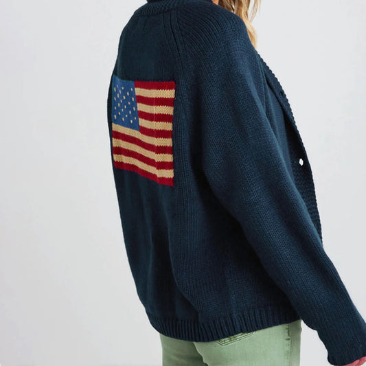 Women's American flag print cardigan with a loose fit and v-neck.

