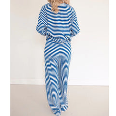 Sleeve Round Neck Striped Top And Wide Leg Pants Sleepwear Set