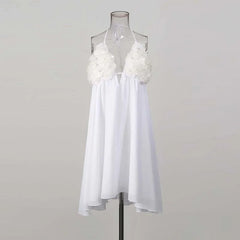 White 3D Flower Bust Patchwork Lace Up Flare Mini Dress