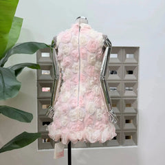 Stand Collar Embroidery 3D Floral Mini Dress