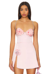 Pink Satin Floral Bustier Strap Mini Dress