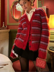 Striped Fuzzy V-Neck Knit Cardigan