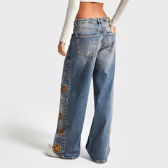 Wide Leg Floral Embroidered Denim Jeans
