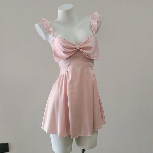 Ruffles Shoulder Strap Bow Mesh Night Dress