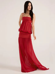Red Mesh Puff Waist Sleeveless Maxi Dress