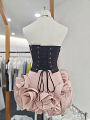 Black Satin Strapless Croset Top And 3d Frill Flower Mini Skirt Two-Piece Set