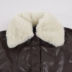 PU Leather Motorcycle Bomber Jacket With Detachable Faux Fur Collar