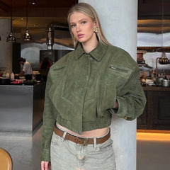 Turn-down Collar Zipper Suede Jacket