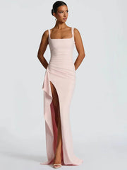 Square Neck Strap Thigh High Split Draped Long Dress