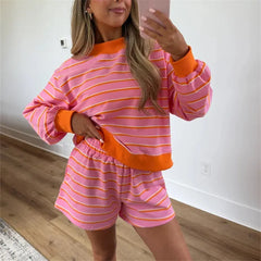 Striped Contrast Color Long Sleeve Sweatshirt And Shorts Set