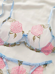 Women's lingerie set with delicate rose embroidery and sheer details.