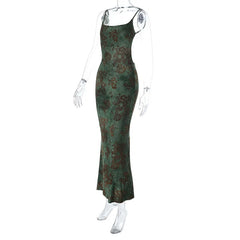 Green Printed Open Back Bodycon Strappy Maxi Dress