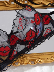 Black Lips Embroidery Sheer Lingerie Set