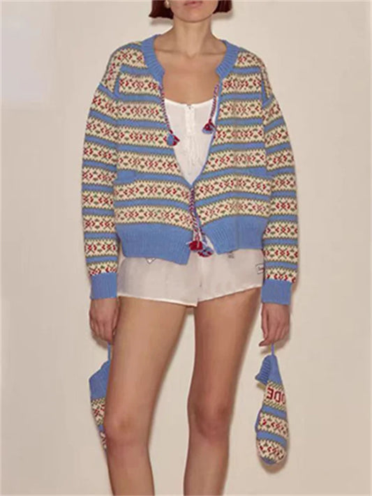 Blue Striped Jacquard Lace-up Cardigan
