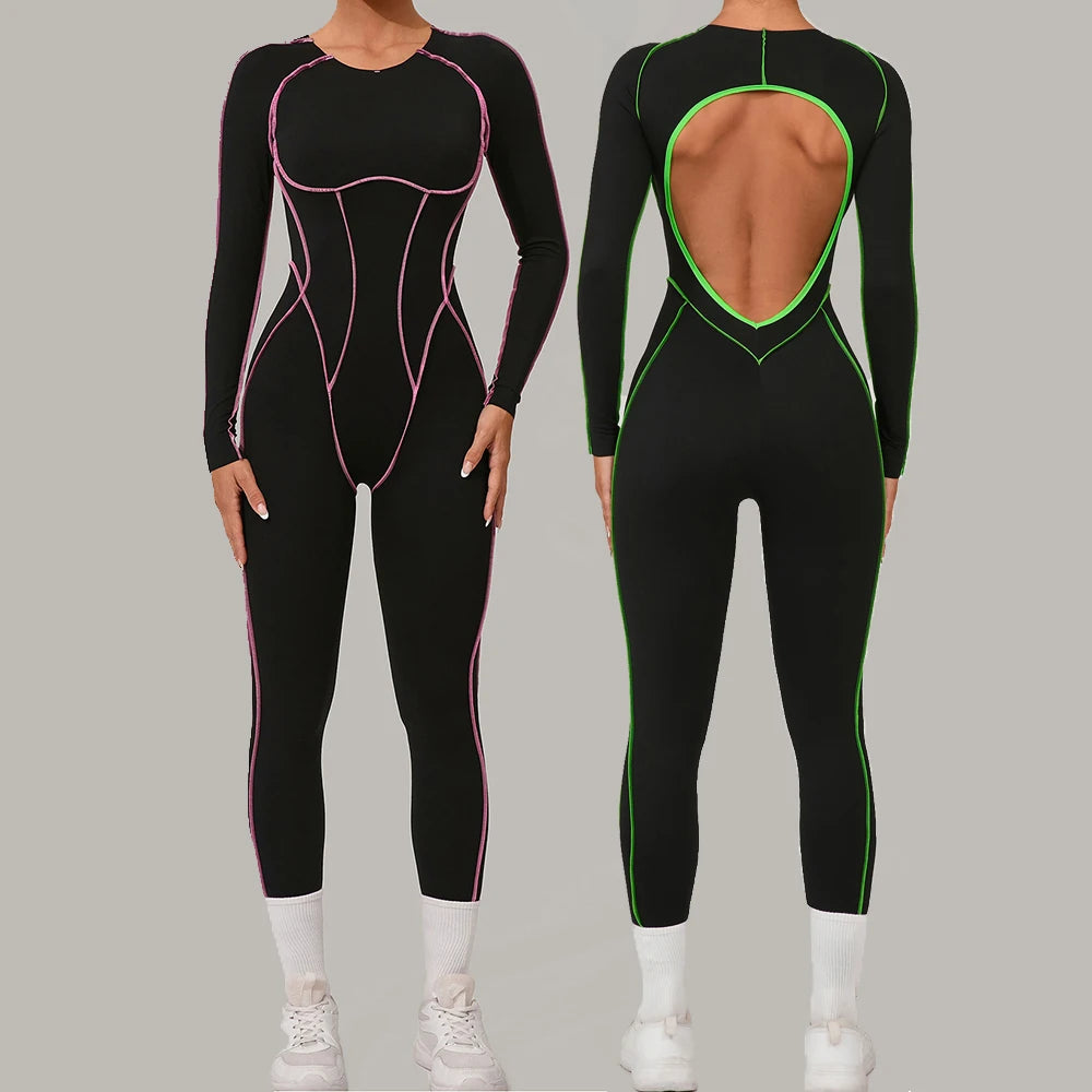 Black bodysuit with open back design - front and back view