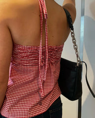 Gingham Ruched Tie-Back Peplum Top