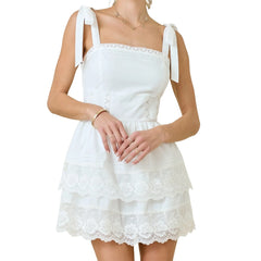 Lace Eyelet Layered Tie Up Mini Dress