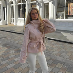 Stand Collar Double Breasted Long Sleeve Belted Short Trench Coat