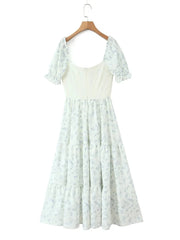 Blue Printed Corset Lace Up Puff Sleeve Maxi Dress