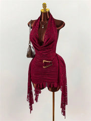 Burgundy Jacquard Cowl Neck Ruffle Metal Decoration Mini Dress