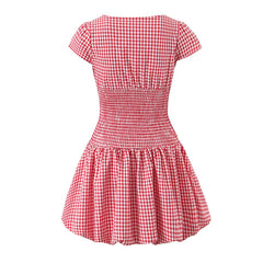 Red Plaid Smocked Puff Hem Mini Dress